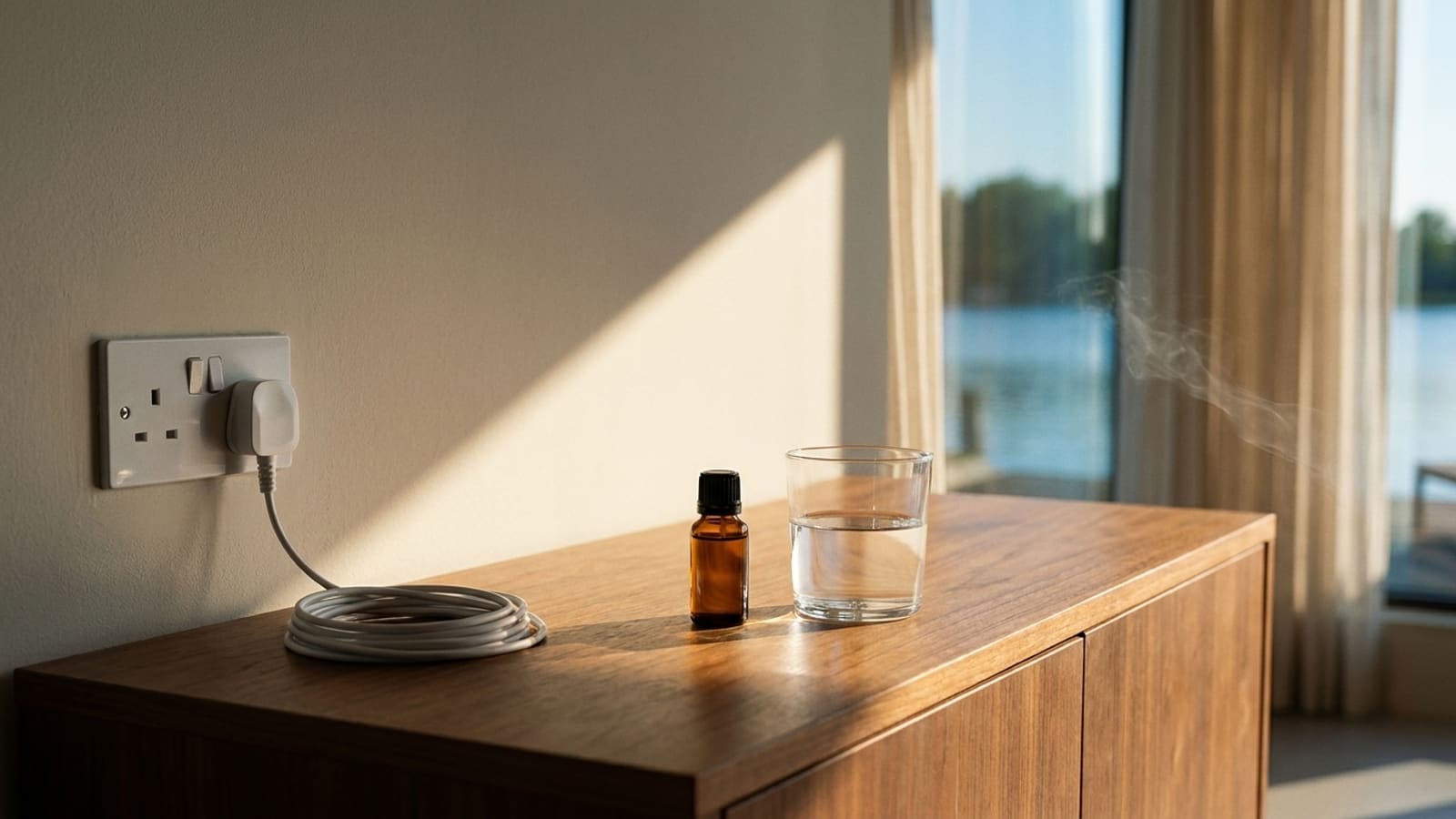 A white double wall socket with one white plug in it above a wooden sideboard, a coiled white cable, a small amber glass bottle with a black cap and a glass of water on top, low sun across the wall, a faint wisp of mist by a sheer curtain and water and trees outside the window