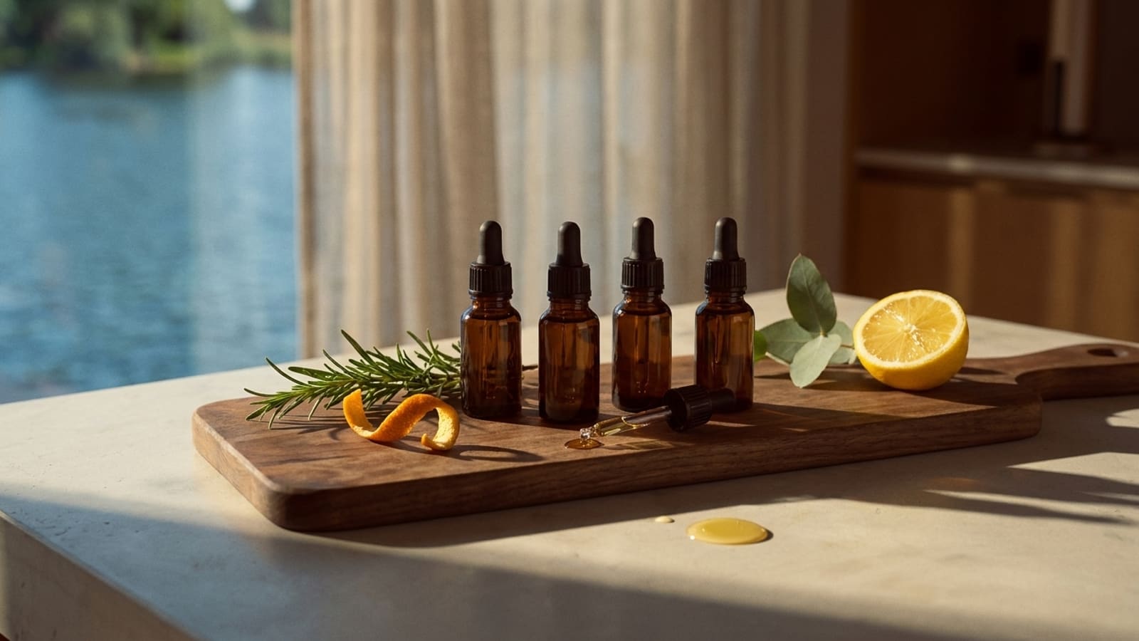 Four small amber glass dropper bottles without labels on a dark wooden board on a pale stone worktop, with a sprig of rosemary, a curl of orange peel, a loose glass dropper, eucalyptus leaves and half a lemon, drops of oil on the stone, and a sheer curtain and water in low sunlight behind