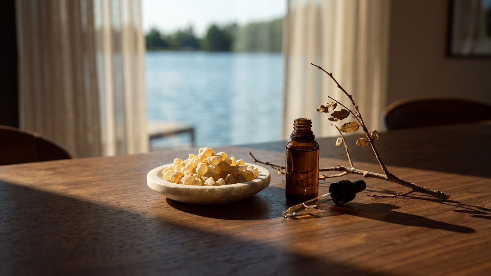 Pale golden frankincense resin tears heaped in a small pale dish, an open amber glass dropper bottle with its pipette lying beside it and a dry twig with a few leaves, on a dark wooden table in low sunlight with sheer curtains and water behind