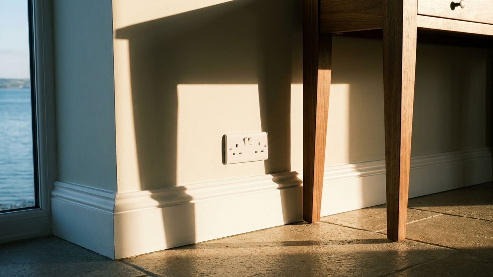 An empty white double wall socket with two switches, low on a cream wall above a white skirting board, beside the wooden legs of a table on a stone floor, low sun casting long shadows and water outside a window at the left