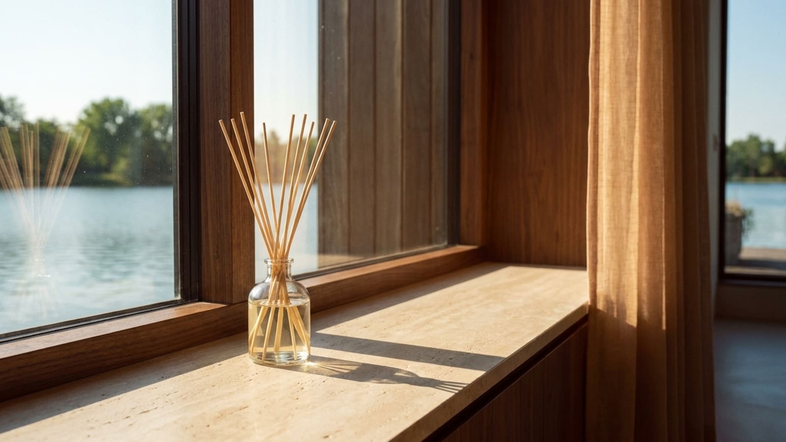 A small clear glass bottle with a fan of pale reeds standing in it on a pale windowsill, low sun casting long shadows across the sill, a sheer curtain to the right and water and trees outside the window