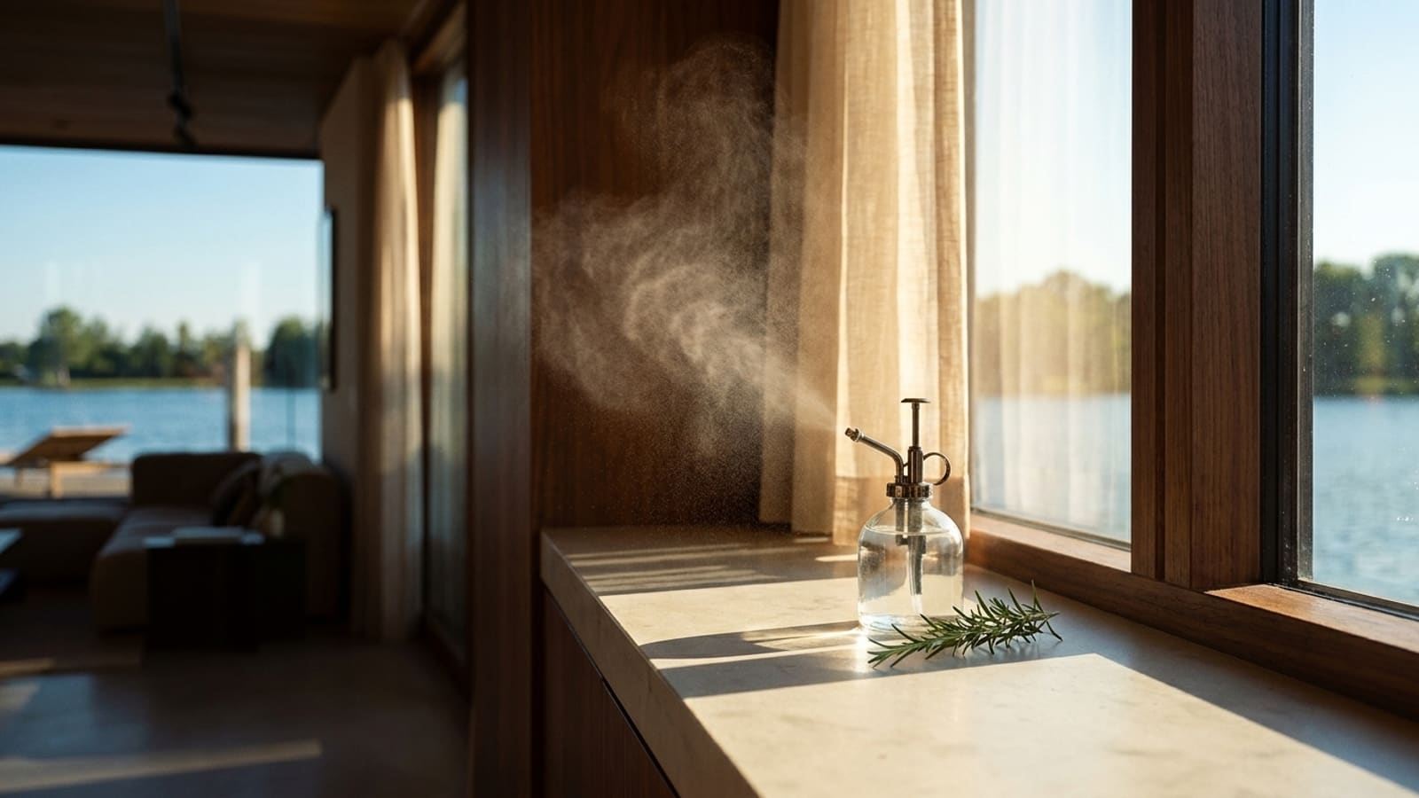 A clear glass pump-spray bottle on a pale windowsill with a cloud of mist above it and a sprig of rosemary beside it, sunlight through a sheer curtain
