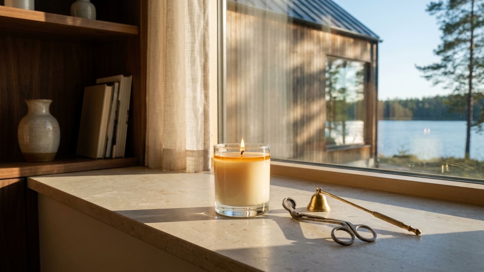 A lit candle in a plain clear glass with a full pool of melted wax on a pale windowsill in low sun, a pair of wick trimmers and a small bell snuffer beside it, shelves with books and two vases to the left, a sheer curtain, and a building, water and trees outside the window