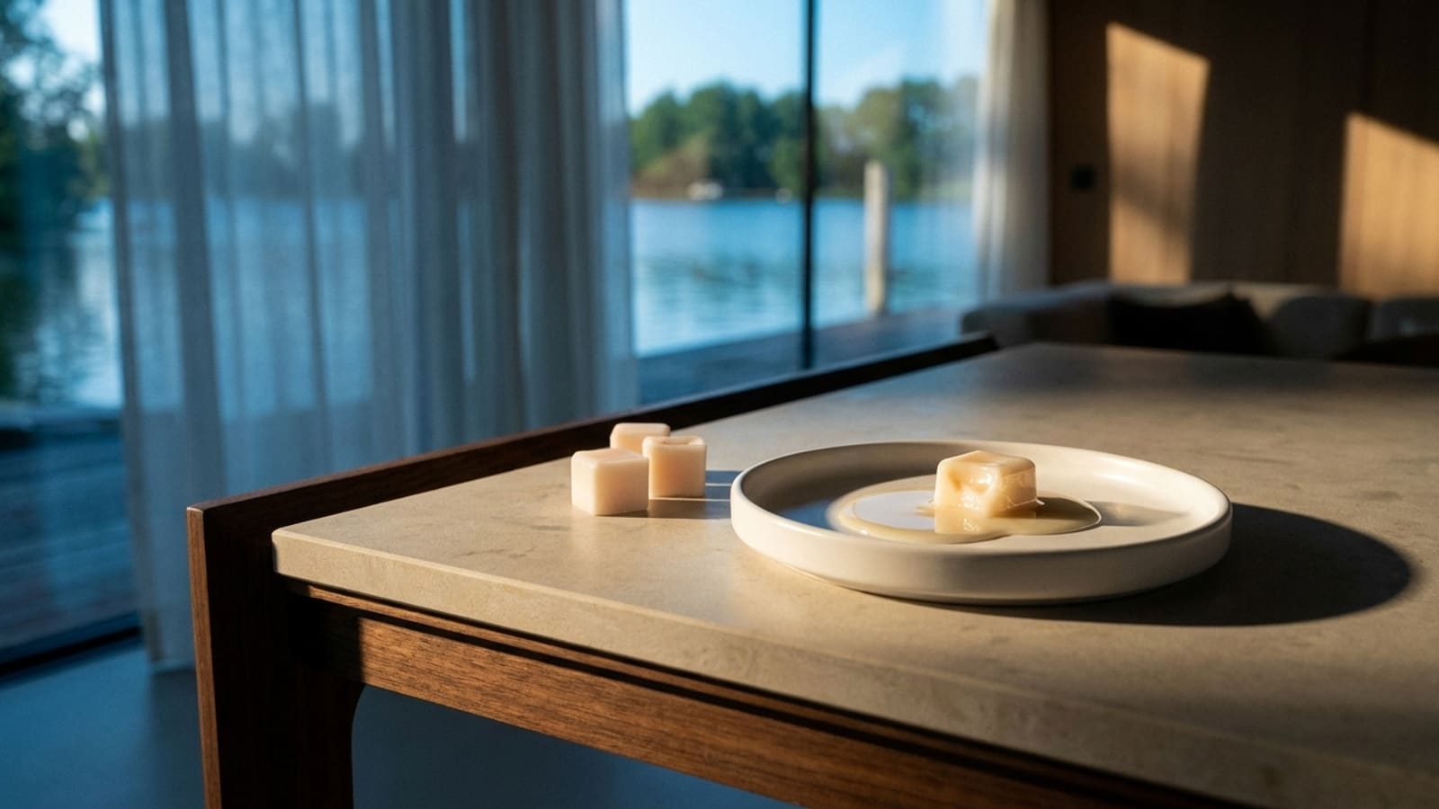 Three small pale wax cubes on a pale table top beside a shallow white dish in which a fourth cube sits in a pool of melted wax, low sun casting long shadows, sheer curtains and water outside the window